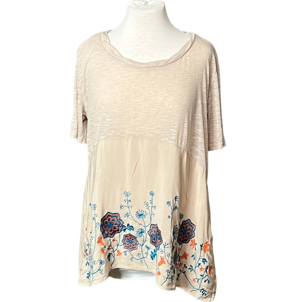 Umgee Tan Cotton Blend top With Blue and Orange Embroidered Floral‎ Detail